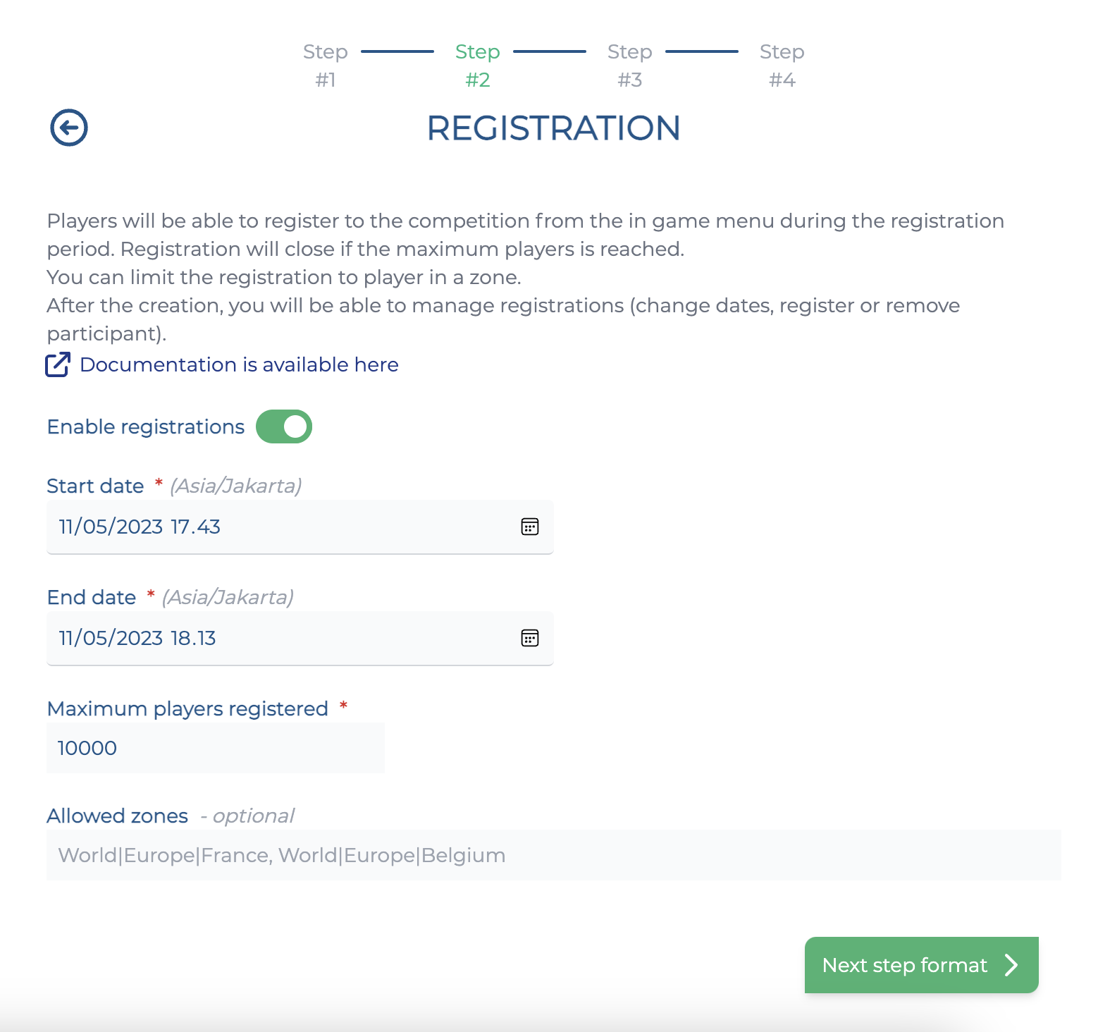 Screenshot of the Registration step Create Competition page