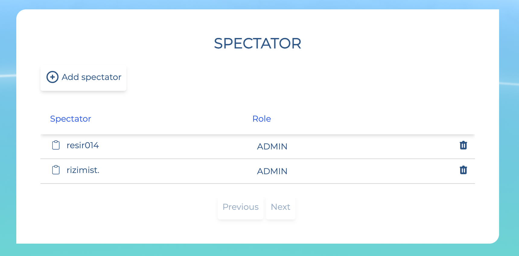 Screenshot of the Spectators menu on the Competition tool