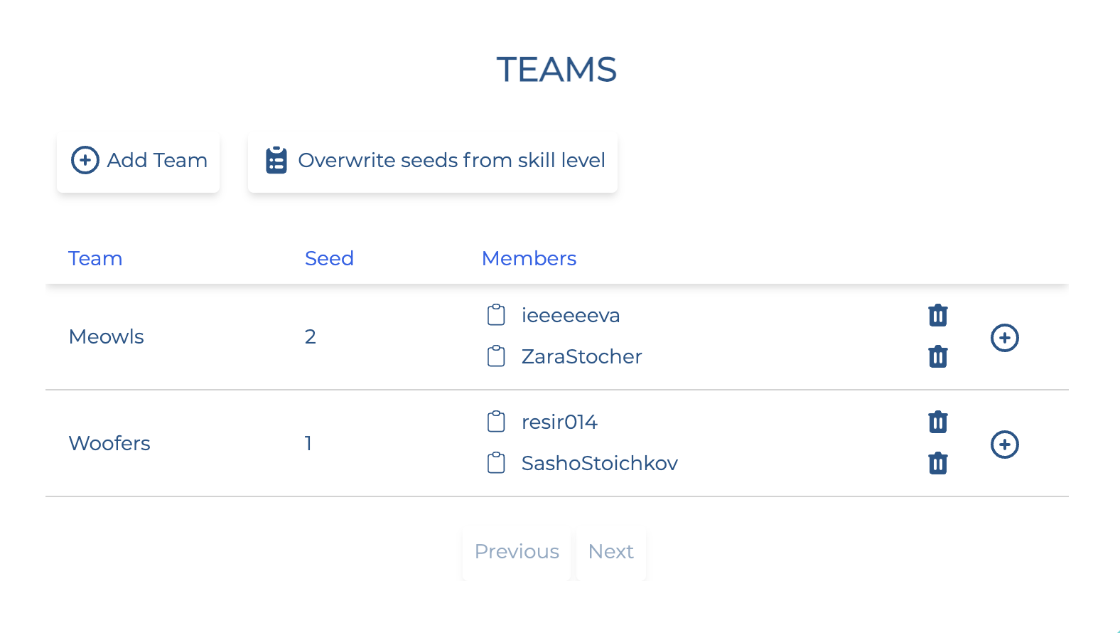 Teams list page