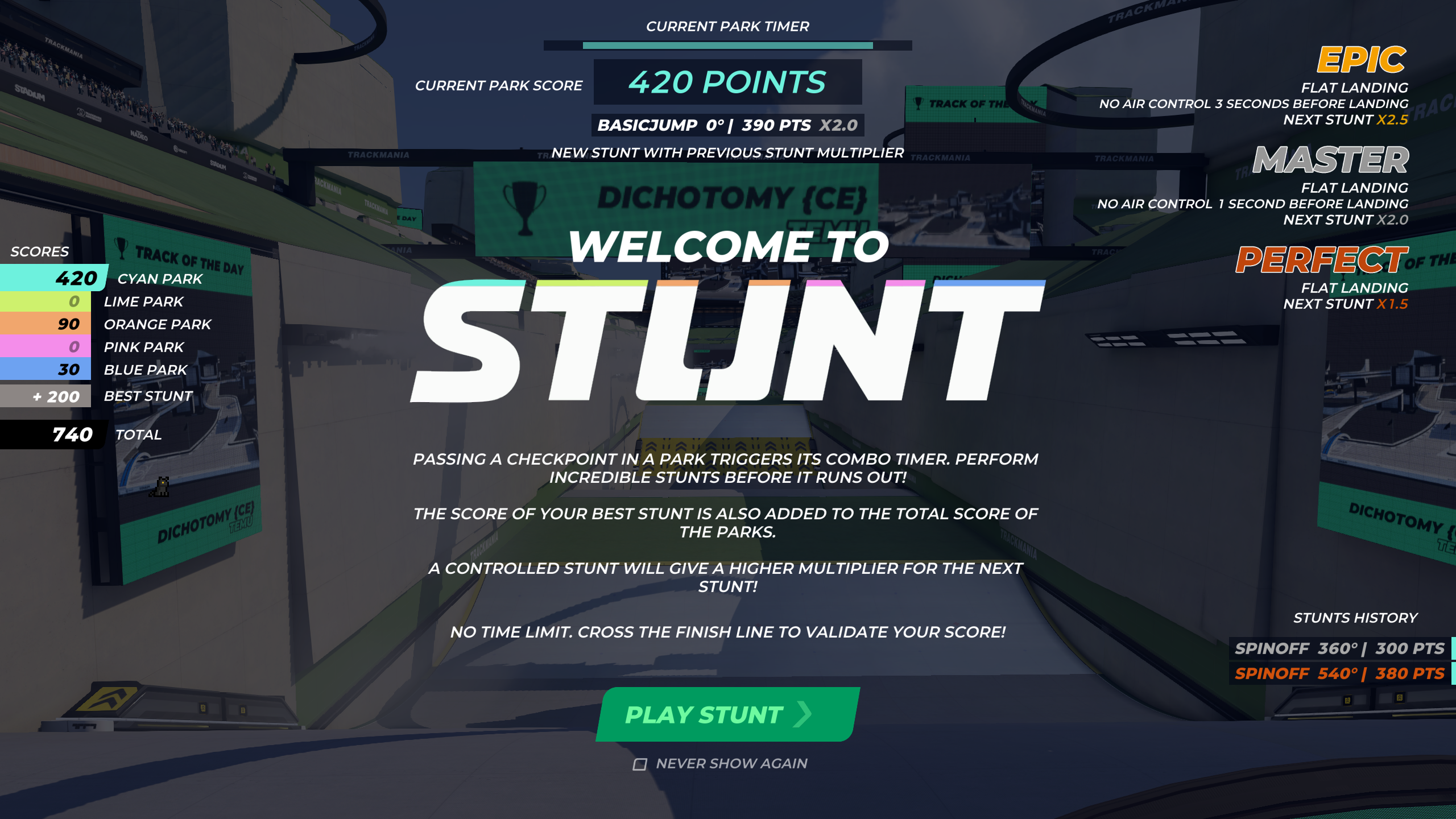 Stunt mode intro screen